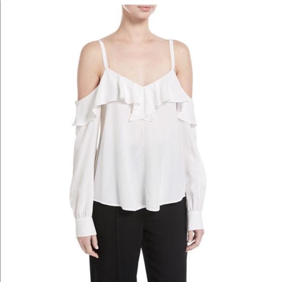 NWT A.L.C. Felix Silk Cold Shoulder Long Sleeve Ruffle Top Blouse Gesso 6 $325 - Picture 6 of 11